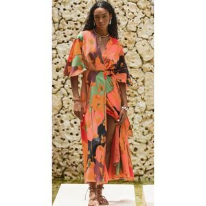 NWT HUTCH Lyna Floral Wrap Maxi Dress, Orange Multi, XS $298